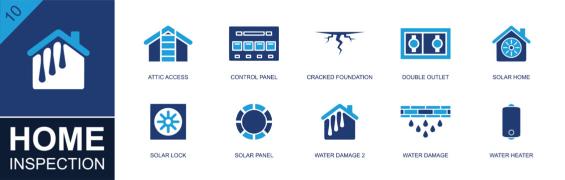 Home inspection icon set. Containing attic access, control panel, cracked foundation, double outlet, solar home, solar panel, water damage, water heater and more. Solid fill vector icons.