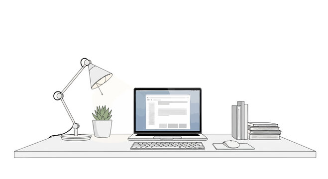 Minimalist desk setup with laptop, lamp, and books, clean workspace illustration