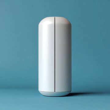 A white capsule shaped object against a solid blue background shot