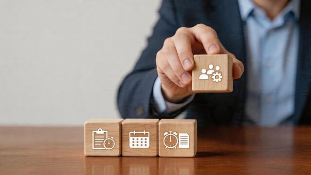 Business man holding wooden cube with teamwork icon on table planning strategy management concept corporate success professional meeting organizational skills