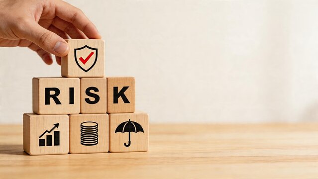 Business man building wooden blocks with shield and check mark stack of wood cubes forming word risk financial growth chart icon on block coins money stack symbol umbrella