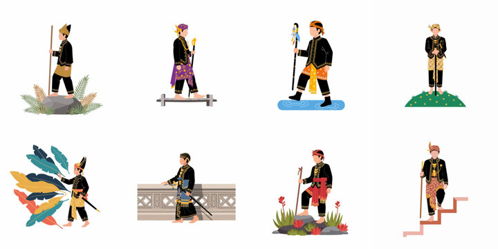 Collection of flat vector illustrations depicting men in traditional Indonesian Javanese attire in various natural and architectural settings