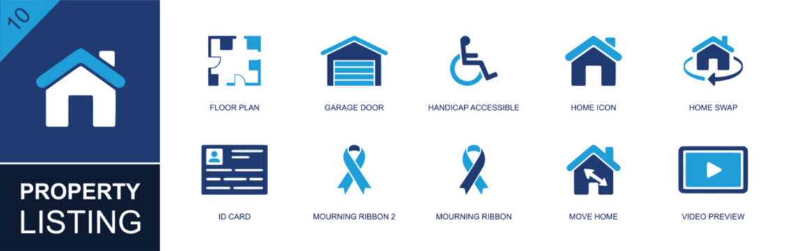 Property listing icon set. Containing floor plan, garage door, wheelchair access, home icon, home swap, ID card, awareness ribbon, move home, video preview and more. Solid fill vector icons.