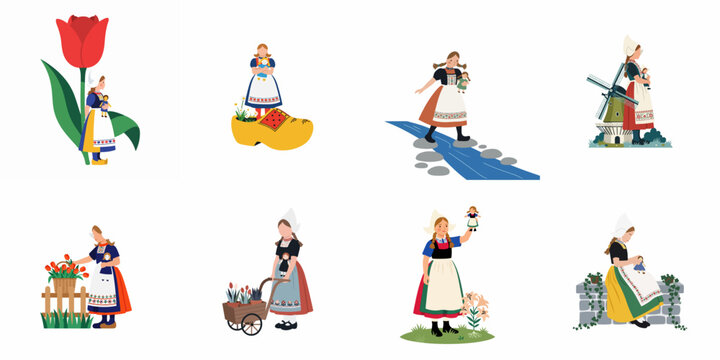 Set of illustrations featuring girls in traditional Dutch costumes with tulips, windmills, and clogs on a white background