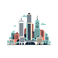 Fototapeta premium Modern Eco City Skyline Vector Illustration with Recycle Symbols