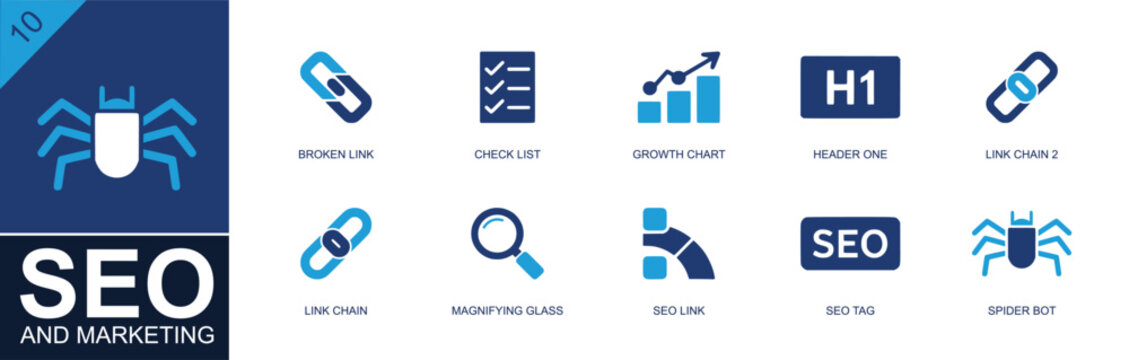 SEO and marketing icon set. Containing broken link, checklist, growth chart, H1 header, link chain, magnifying glass, SEO tag, spider bot, backlink and more. Solid fill vector icons.