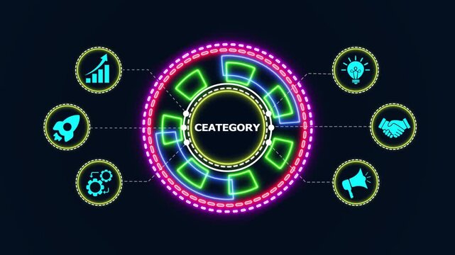 Abstract circular interface with glowing digital business icons and neon lines for corporate presentation.