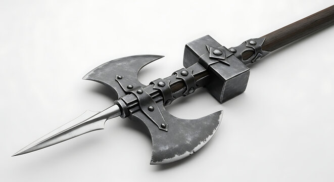 A medieval halberd with a double axe head, isolated on a white background