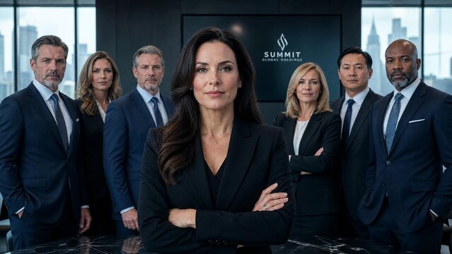 Diverse professional business team in modern office, confident leaders, corporate success, urban backdrop