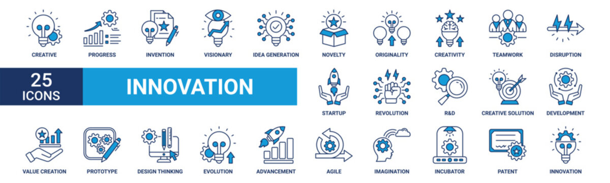 Innovation icon set. Containing creativity, invention, prototype, visionary, idea generation, agile, revolution and more. Blue vector icons collection.