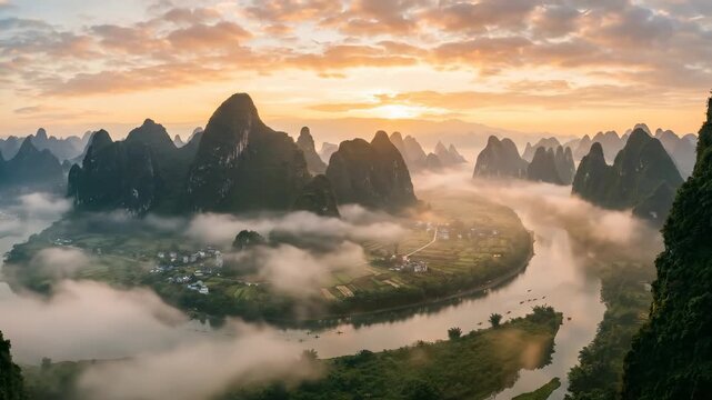 Breathtaking Sunrise over Guilin Karst Mountains and Li River in China