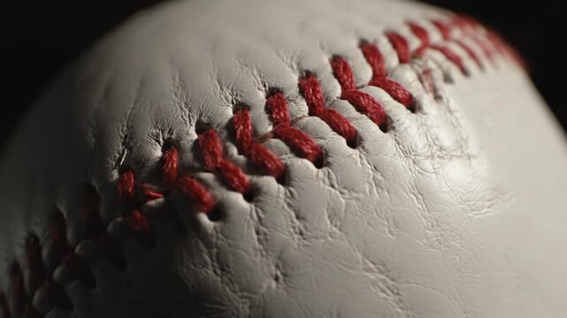 Close-up Macro Shot of a Baseball with Red Stitching.