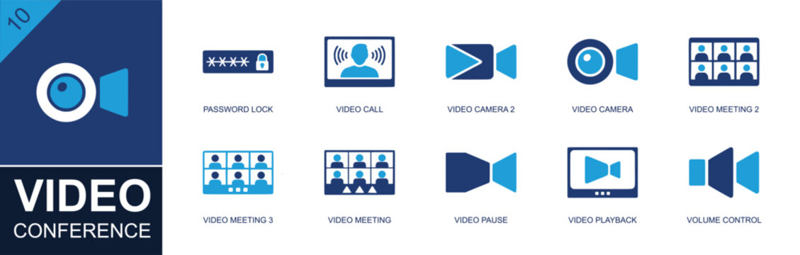 Video conference icon set. Containing password lock, video call, video camera, video meeting, video pause, playback, volume control, webinar, meeting grid and more. Solid fill vector icons.