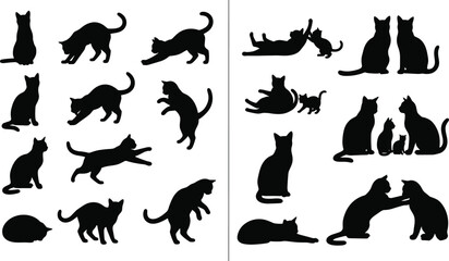 Large collection of cat silhouettes featuring various poses like sitting jumping playing and stretching isolated on white background. © MdRasel