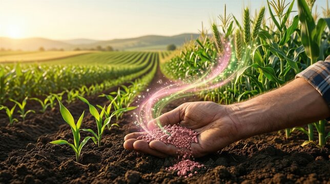 Farmer holding granules of mineral fertilizer in hand on agricultural field with growing corn. Modern crop production and soil nutrition management for improved harvest yields.