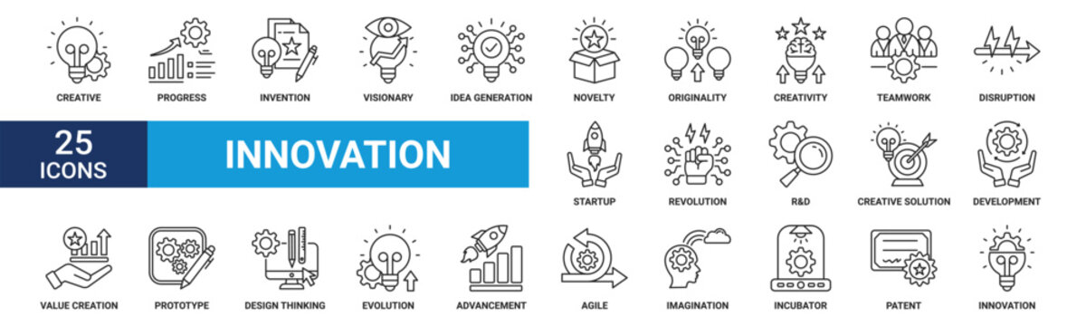 Innovation icon set. Containing creativity, invention, prototype, visionary, idea generation, agile, revolution and more. Outline vector icons collection.