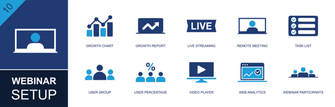 Webinar setup icon set. Containing growth chart, live streaming, remote meeting, task list, user group, user percentage, video player, web analytics report and more. Solid fill vector icons.