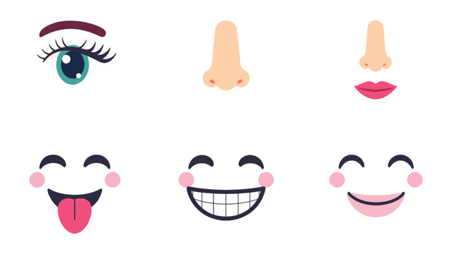 Facial expressions graphic set: A collection of graphic elements, including an eye, nose, mouth and face, to construct diverse emotional expressions and enhance visual communication.