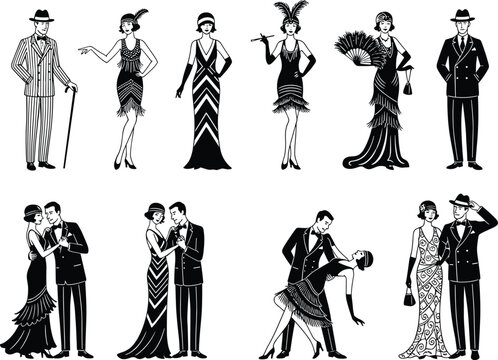 Vintage 1920s Art Deco Flapper Girls and Dancing Couples Silhouette Set for Great Gatsby Style Party Design Projects