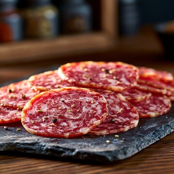 Thinly sliced finocchiona igp meat with fennel seeds on slate