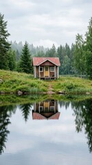 Obraz premium Serene Wooden Cottage by the Calm Lake in the Forest