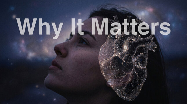 "Why It Matters" Text Concet with Woman Face Close-upDramatic Lighting Dark Bacground