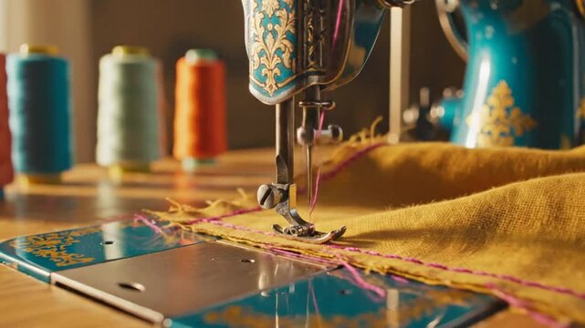 Close-up of a vintage sewing machine stitching golden fabric with colorful thread, crafts and design concept