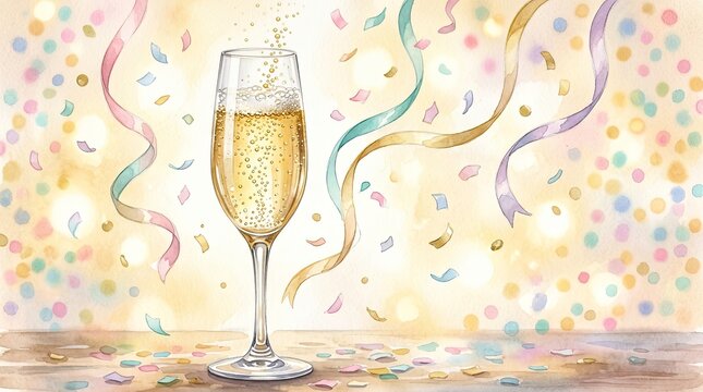 Celebratory Champagne Glass with Confetti and Streamers champagne
