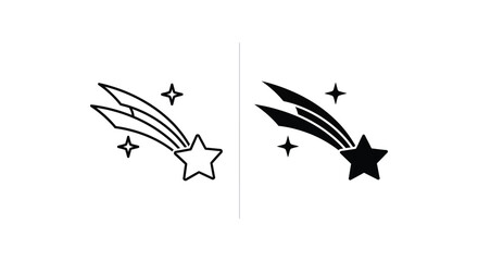 Shooting star streak icons with small sparkles in outline and solid black styles for celestial space design and magic effect branding © Zenith
