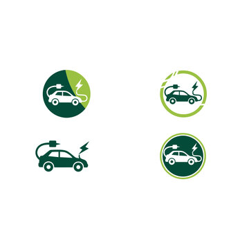 Electric vehicle charging icons and green energy car logos