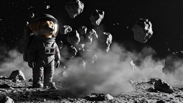Cartoon astronaut dog exploring the rocky terrain of an asteroid with floating space rocks and stars