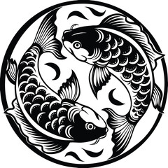 Black and white koi fish, yin yang symbol, circular vector illustration, monochrome design © designstick360