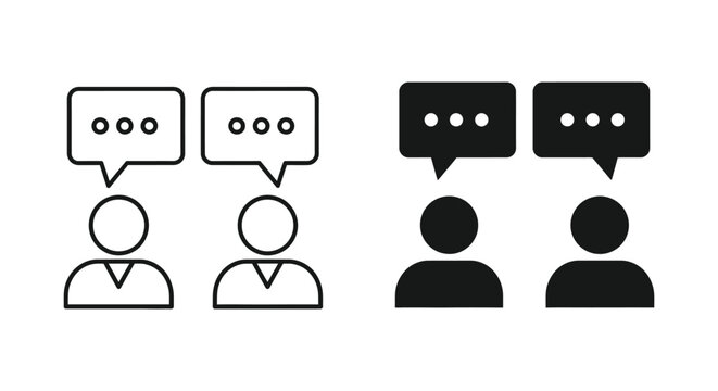 Conversation communication chat bubble icon set with user avatars in outline and solid vector style
