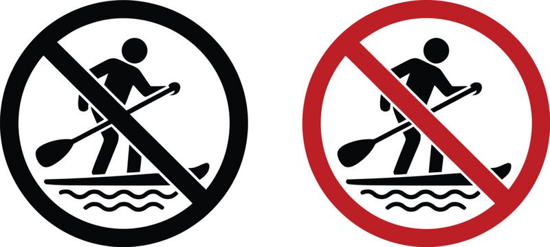 Prohibited and allowed paddleboarding symbols vector illustration on water safety sign icons for recreation regulation and activity control design
