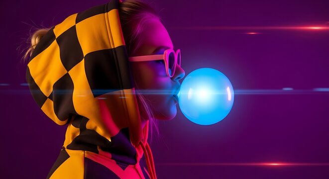 Cyberpunk girl blowing blue bubblegum in neon light