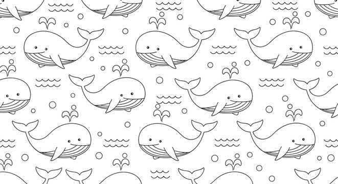 Whimsical seamless pattern of cute cartoon whales spouting water with bubbles and waves in black and white line art style.