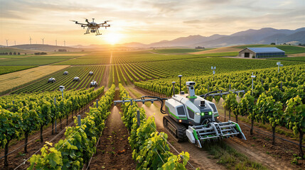 Obraz premium Autonomous agricultural robot spraying vines in vineyard. Smart farming drone monitoring crop health. Innovation in viticulture, modern automated machinery and digital agriculture technology.