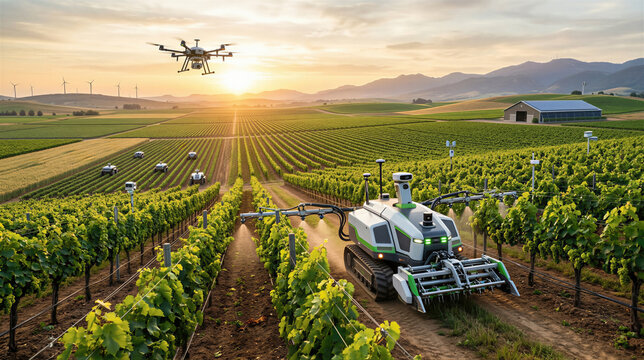 Autonomous agricultural robot spraying vines in vineyard. Smart farming drone monitoring crop health. Innovation in viticulture, modern automated machinery and digital agriculture technology.