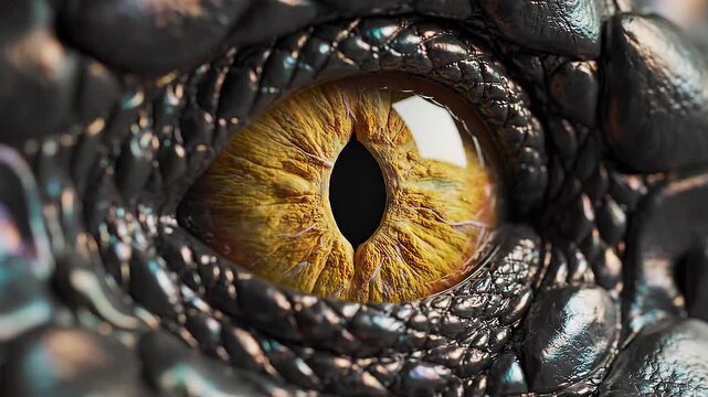 Extreme macro of a yellow crocodile eye opening and staring