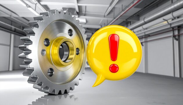 Large metallic gear with golden inner ring, yellow speech bubble, red exclamation mark alert.