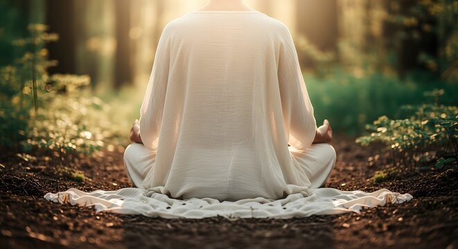 Meditating woman outdoors in natural serene peaceful sunlight