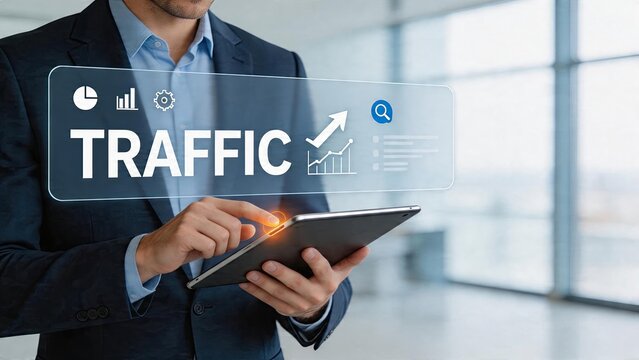 Businessman using tablet analyzing traffic data on holographic interface digital analytics dashboard marketing growth chart internet usage statistics modern office background