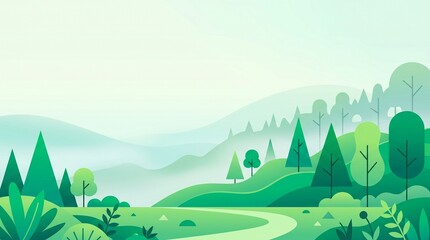 Fototapeta premium A serene, stylized landscape featuring rolling green hills, a winding path, and misty mountains. The minimalist vector art evokes a peaceful, fresh morning in a lush forest.