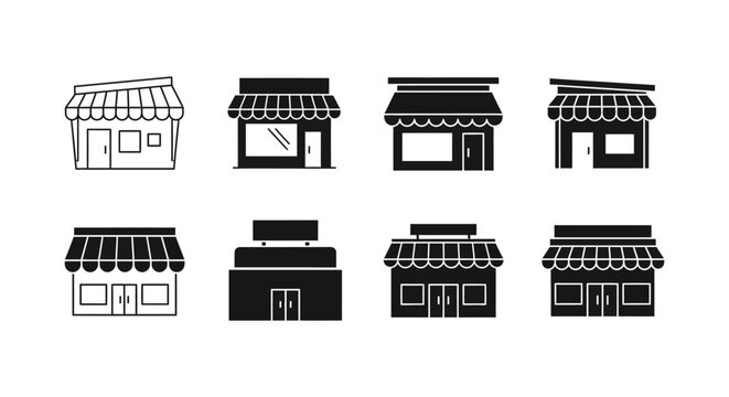 Set of retail store and shop building icons in linear and solid vector style for e-commerce and local business directory website interface elements