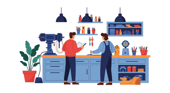 Two men working in a workshop, using a drill press and reviewing plans.
