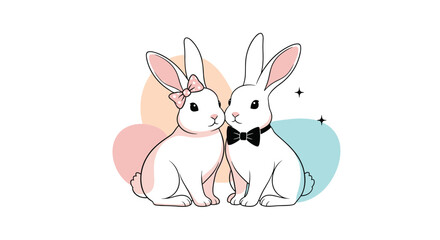 Fototapeta premium Charming pair of white rabbits dressed for a special occasion with a pink polka dot bow and a black formal bowtie.