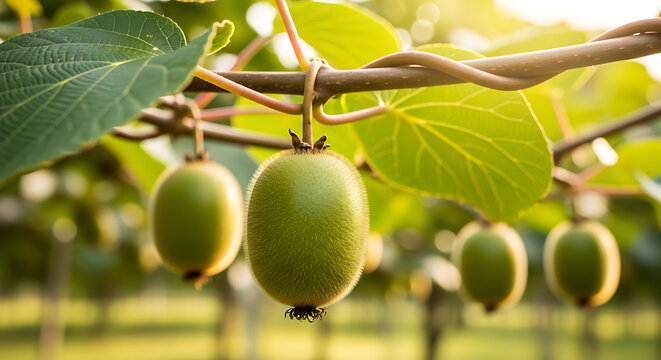 Kiwi Fruits Hanging From Branch With Green Leaves In Sunlight fruit