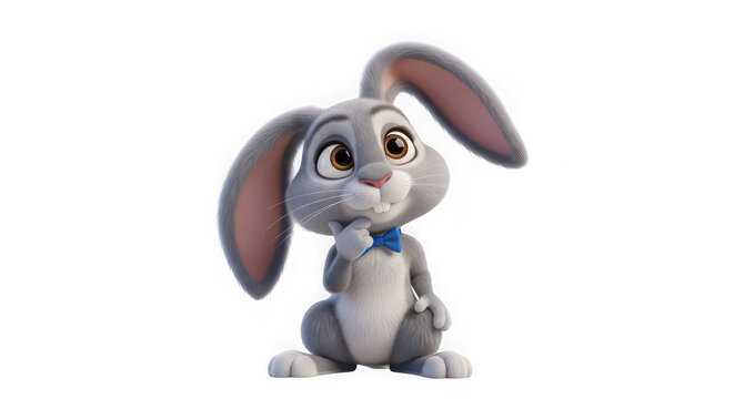 Adorable 3D cartoon rabbit character, cute grey bunny with blue bowtie in thinking pose, expressive animated hare on white background