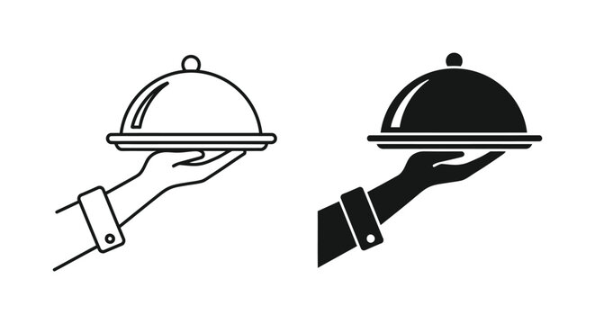 Professional waiter hand holding silver serving tray icon set for hospitality and restaurant industry concepts