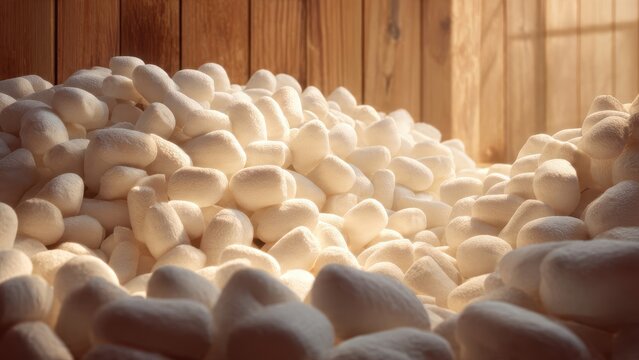 Silk Cocoons Piled in Warm Light Highlighting Natural Fibers and Texture